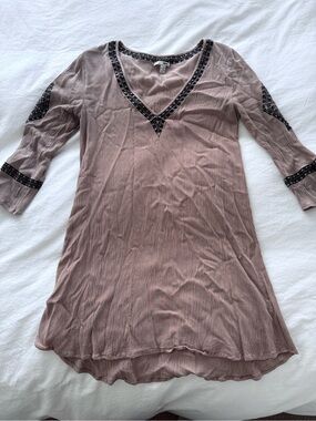 Muse Mauve V-Neck Tunic with Black Embroidered Trim